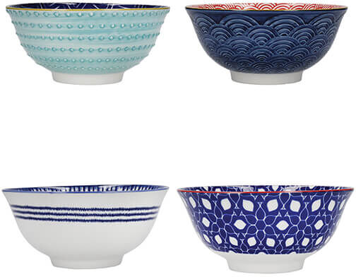KitchenCraft Set of 4 Blues Design Ceramic Bowls