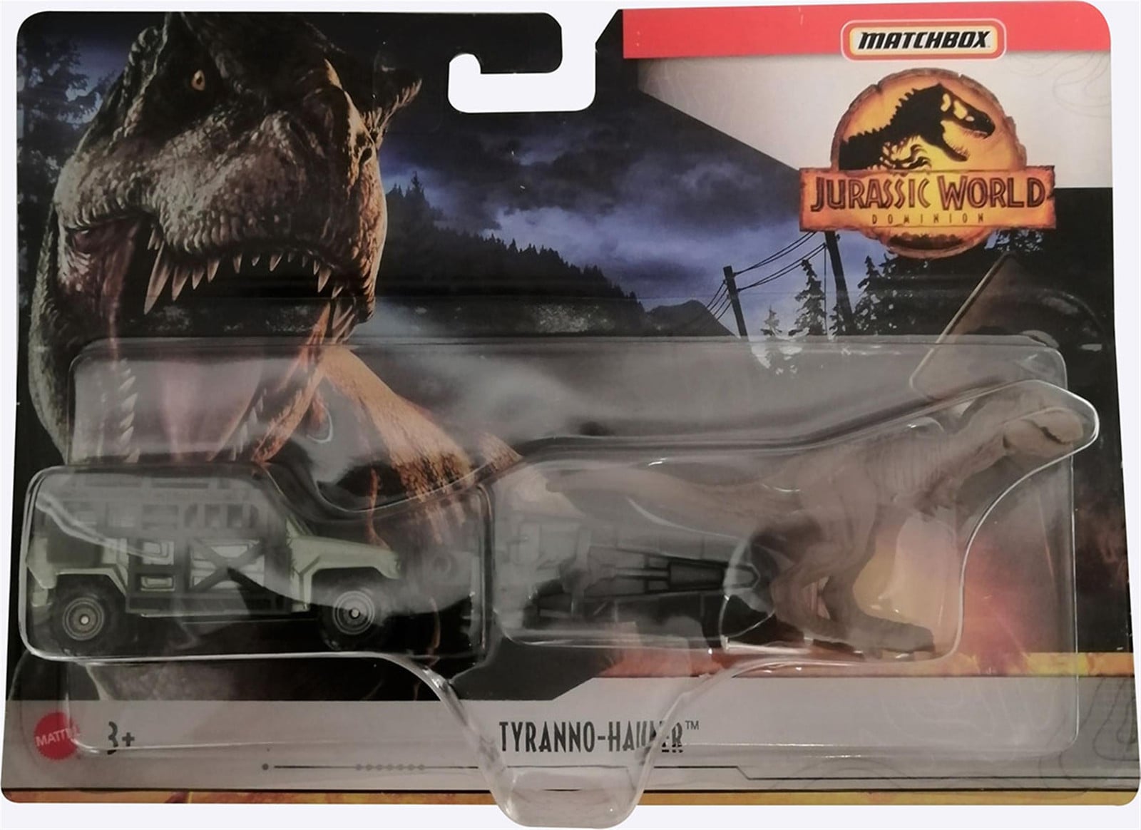 Matchbox Jurassic World Dominion Tyranno-Hauler Jeep met grijpfunctie en dinosaurus speelset