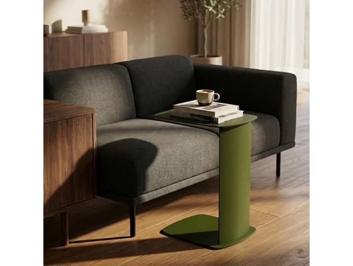 Siqual Design Beistelltisch Metall C-Form, pulverbeschichtet & wetterfest – Sofa Couch Tisch für Wohnzimmer, Balkon & Terrasse – Standby (Olivgrün)