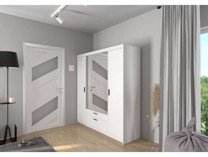 Küchen-Preisbombe Drehtürenschrank Elena 4türig Kleiderschrank Wäscheschrank Schrank Weiss Spiegel
