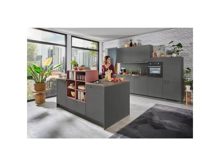 Welnova Küchenleerblock, Anthrazit, Rot, Walnuss, 300 cm, Made in Germany, in den Filialen seitenverkehrt erhältlich, Küchen, Küchenzeilen & Küchenblöcke, Küchenzeilen ohne Geräte