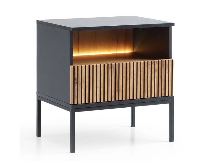 Feldmann-Wohnen Nachttisch Sento (1 Schublade mit Vollauszug, 1 offenes Fach, mit LED Beleuchtung, 1-St., Grifflos, moderne Optik, Fronten mit geriffelten Muster), 54x39x56cm schwarz / Wotan Eiche, Mitteldichte Faserplatte