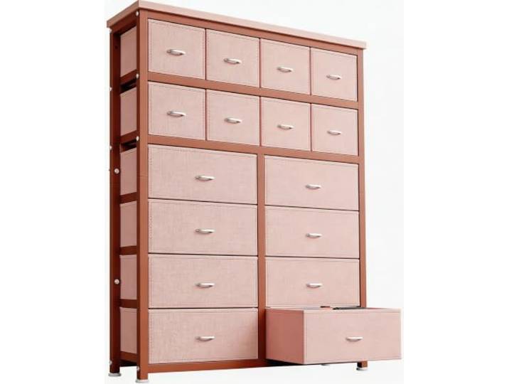 Hapterouse Kommode 16 Schubladen Stoffschrank Stauraum Rosa 103x30x132cm Stabiler Metallrahmen, Stoffboxen staubdicht, leicht zu reinigen, platzsparend, ideal für Schlafzimmer, Flur und Kinderzimmer