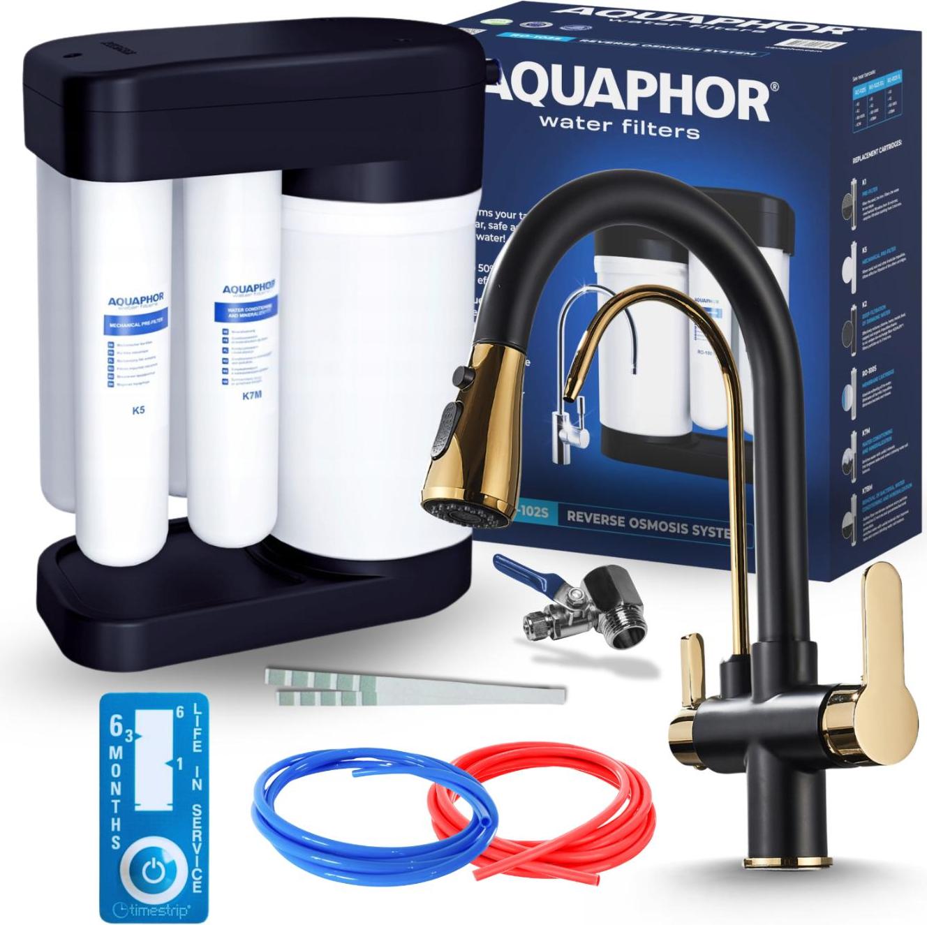 3-Wege Küchenarmatur Nordic mit Umkehrosmose Morion 102S RO, separater Auslauf für gefiltertes Wasser, herausziehbare Brause, Schwarz Gold