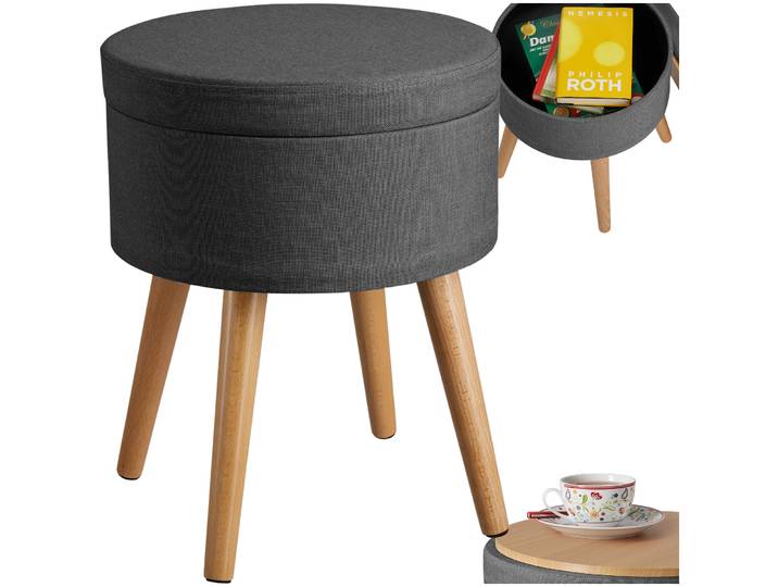 Sitzhocker Yara gepolstert in Leinenoptik 300kg mit Stauraum - dunkelgrau