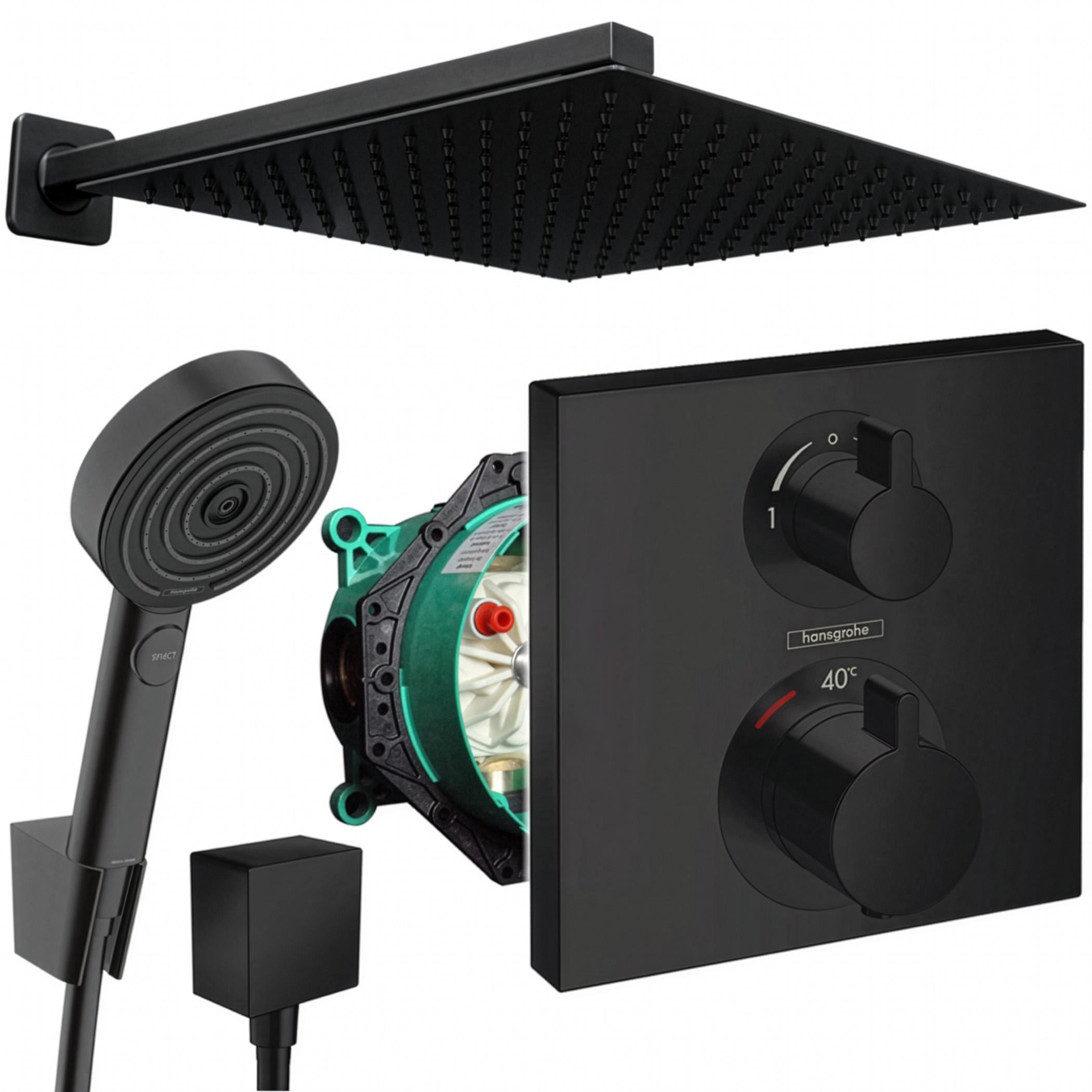Hansgrohe und Jowi Unterputz Duschsystem Ecostat Square Thermostat, Schwarz, Duscharmatur mit Kopfbrause