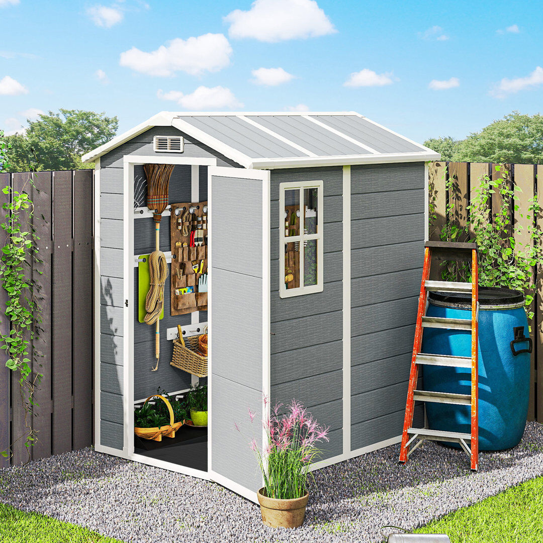 Outsunny 4 x 6ft Garden Shed Plastic Shed with Floor Lockable Door Grey Gray 131cm W X 186cm D X 198cm H