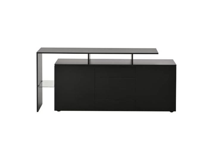 N625P283229230W Kommode mit LED, Schwarz Hochglanz 160x35x70cm, E1-Spanplatte, Hochglanz, LED, USB, 2 Türen mit Rückprall, 4 Schubladen, 1 Glasfach