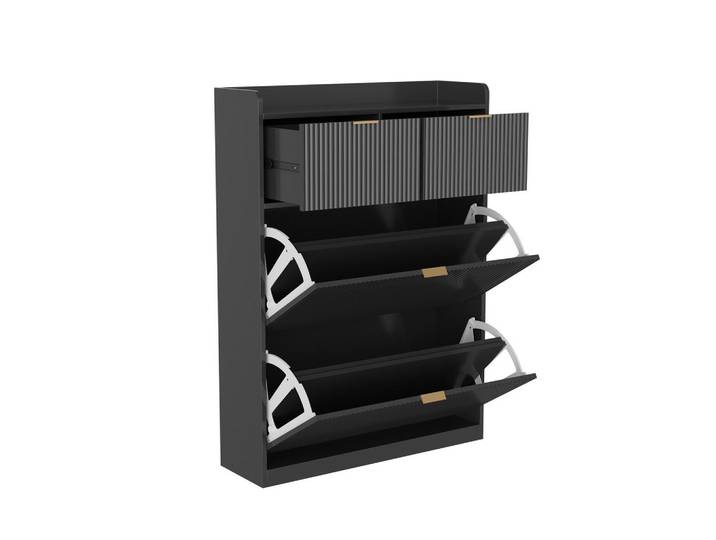 EuroLiving Schuhschrank schwarz, 2 Schubladen, 2 Ablagen, Holz & Metall, modern, gestreifte Optik, optimierter Stauraum, Schwarz, 80x110x24 cm, Garderobe, Schuhaufbewahrung, Schuhschränke