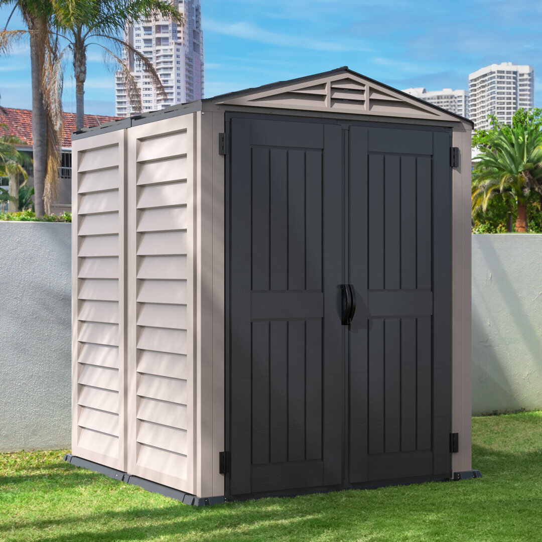 Duramax Building Products Yardmate Plus 5 ft. 7 in. W x 5 ft. 7 in. D Plastic Steep Slope Storage Shed Gray 170.9cm W X 170.9cm D X 209.8cm H