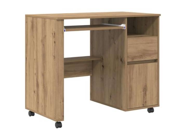 HMDNGOUT Tisch mit Rädern Artisan-Eiche Holzwerkstoff 91 x 50 x 77 cm Mit Schubladen und Regal, Rollen verriegelbar, für Computerarbeit, pflegeleichte Oberfläche