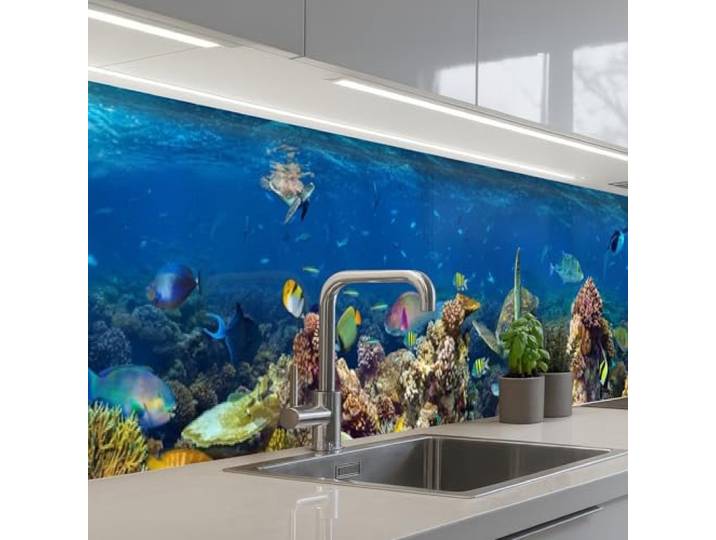 KitchenYeah© Spritzschutz Küche Küchen Rückwand Küchendeko Wand Wandschutz 60x400 cm - Selbstklebend Backsplash Kitchen Peel And Stick Unterwasserlandschaft - Fische - Schildkröte - Blau