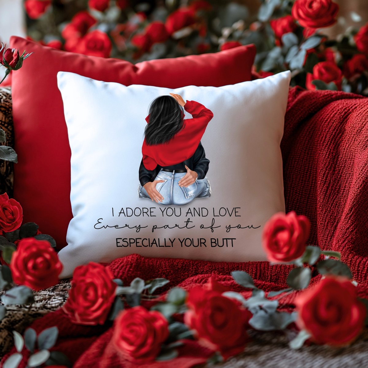Gepersonaliseerd Valentijnsdag kussen met I adore you en love Every part of you Especially your butt - Haarkleur naar keuze