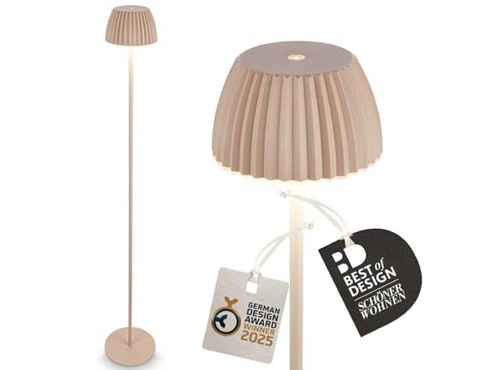 BRILONER - Riffle LED Lampadaire sans fil IP44 avec avec contrôle tactile\, dimmable\, fonction mémoire\, lampadaire sur pied salon rechargeable\, German Design Award Winner\, 19x124 cm\, beige
