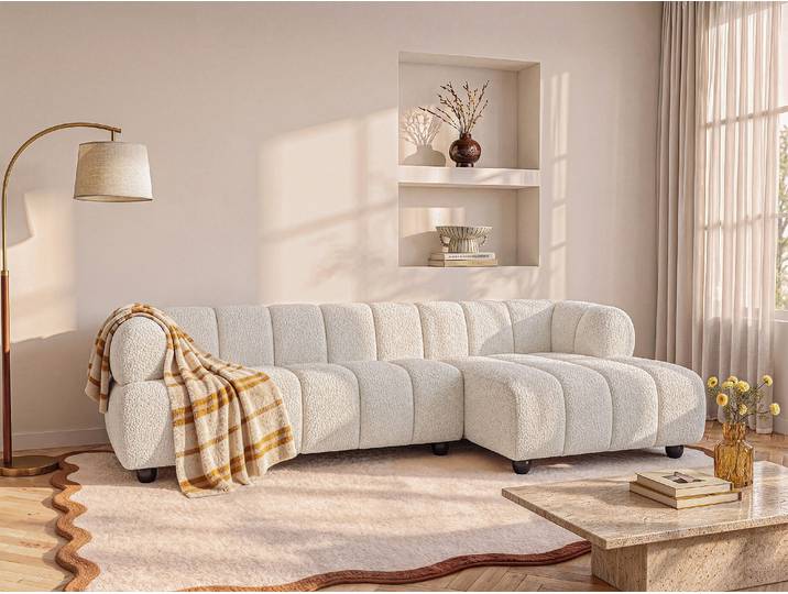 Ecksofa Ecke Rechts aus Bouclé-Stoff in Cremeweiß COLIANI