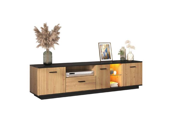 Celya TV-Schrank mit einer Schublade, drei Türen, zwei offene Fächer mit Glas TV-Möbel TV-Lowboard Feinstruktur