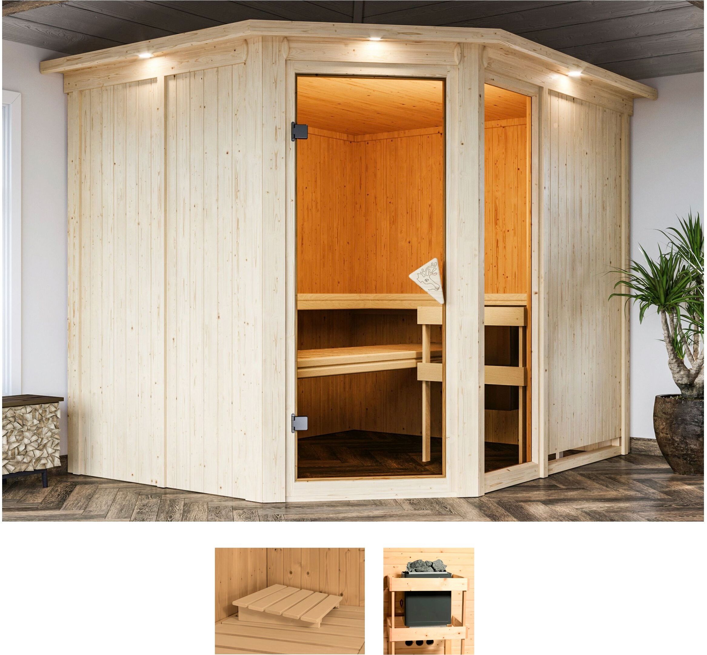 Sauna KARIBU "Frigga 3", beige (naturbelassen), ohne Ofen, (ohne Ofen), Saunen, ohne Ofen