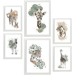 POSTER Set Mit 6 Wilde Tiere Weißer Hintergrund Mit Tiermotiven Im Pastell Muster Stil Innenarchitektur A3 & A4 Weißer Rahmen