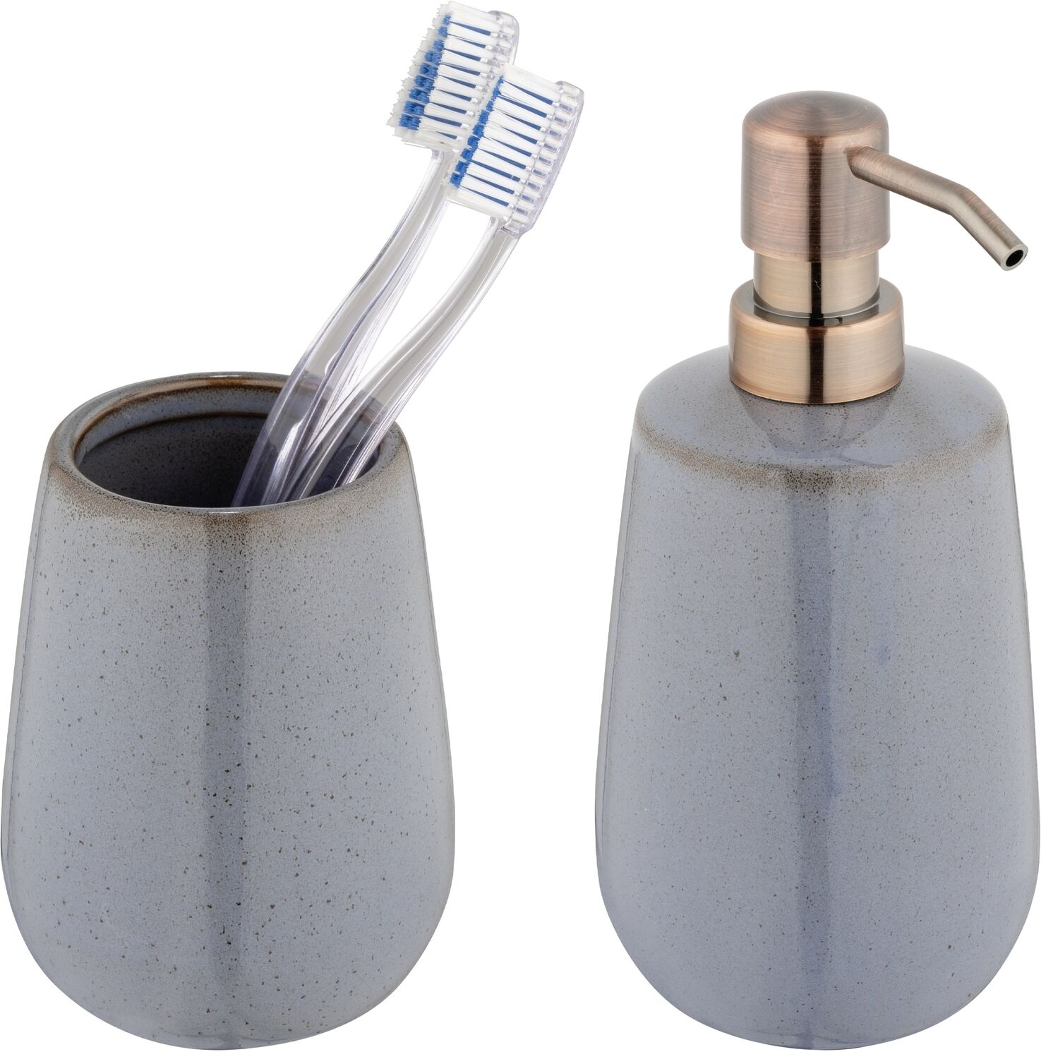 Badaccessoire-Set WENKO "Sirmione", grau, glänzend, Keramik, Badaccessoires-Sets, Badaccessoire-Set, Seifenspender und Zahnputzbecher, Keramik mit individueller Glasur