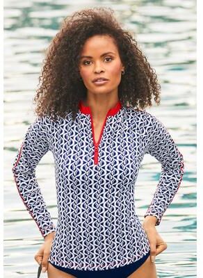 Plus Size Women's Chlorine Resistant Long Sleeve 1/4 Zip Swim Tee Rash Guard by Swimsuits For All in Coastal Cool (Size 16)
