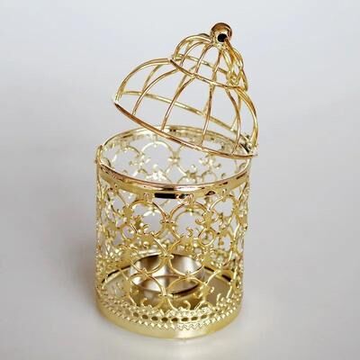Inspired Living Vintage Moroccan Metal Bird Cage Lantern Candle Holder, Gold & Silver Wedding Centerpiece golden