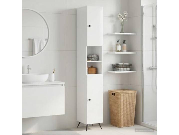 Badezimmerschrank BREDA Hochglanz Weiß mit offenem Regal und 90° Pendeltür Holzwerkstoff, feuchtigkeitsbeständig, Wandbefestigung, minimalistisches Design, flexible Türmontage