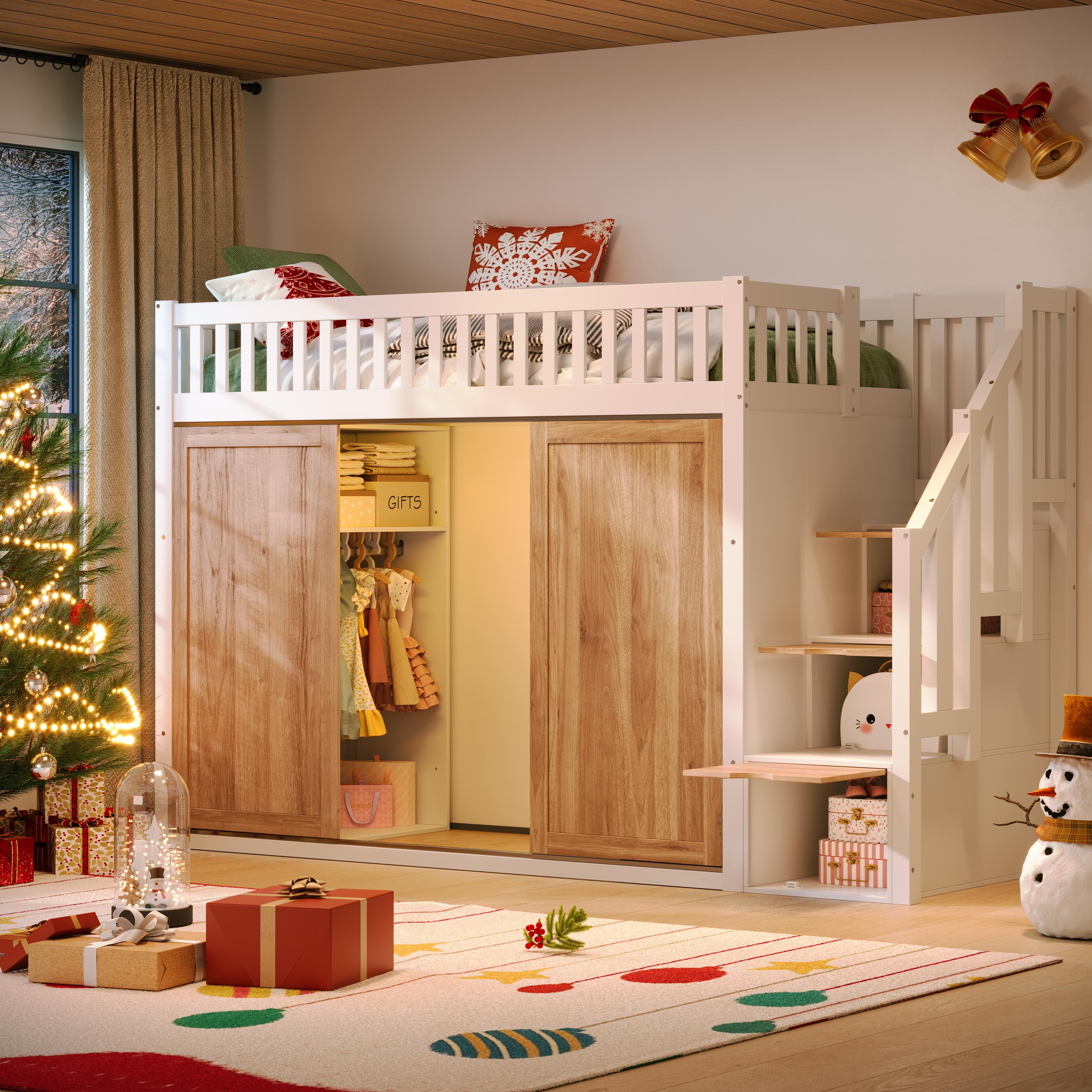 Sweiko Kinderbett (90 x 200 cm), Hochbett, multifunktionales Kinderbett mit Kleiderschrank und Treppenschrank, bunte Lichtleiste, ohne Matratze, Farbe Weiß und Eichefarbe