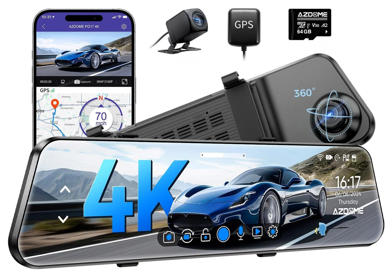 Selius Dashcam Spiegel 4K met Achteruitrijcamera en 64 GB Kaart - Zwart