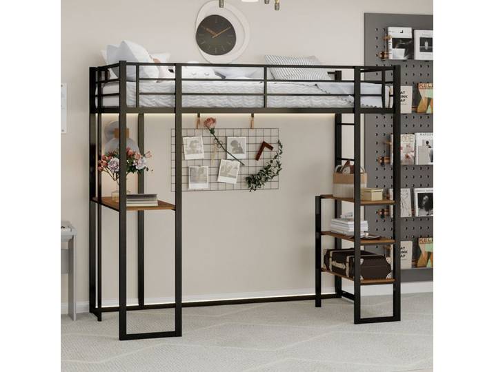 Lit Mezzanine 90x200 cm - Lit Enfant avec Bureau en L Structure Metal et Échelle Réversible Noir sans Matelas