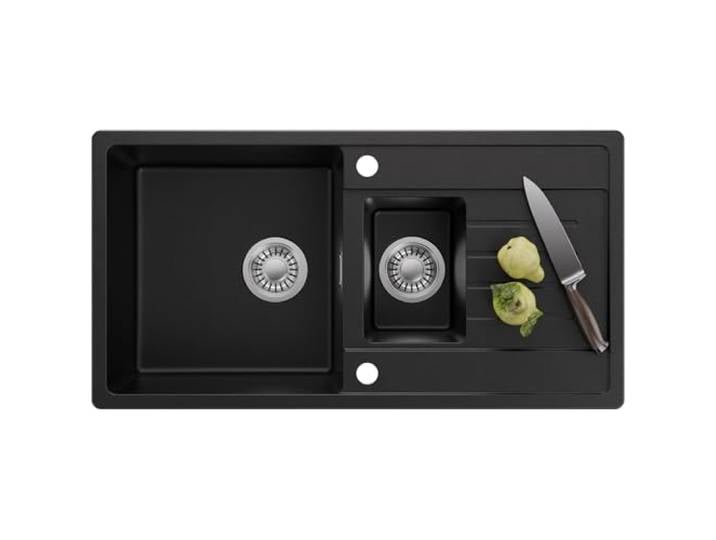 CECIPA Spülbecken Granit Schwarz 86 x 45 cm - Siphon Küchenspüle mit Abtropffläche, Einbauspüle 1,5 Becken aus Quarzkomposit für Unterschrank ab 60 cm, Ausschnittsmaß 84 x 43 cm