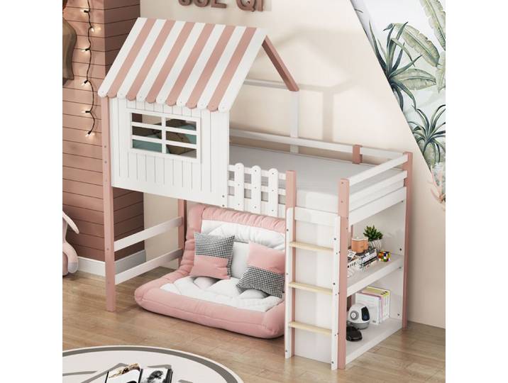 Lit-maison enfant - 90x200 cm - Bois massif - Toit maison & barrière 30 cm - Sommier 25 lattes