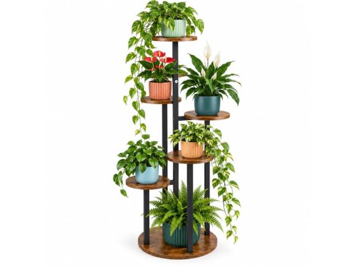 Relaxdays Porte-plantes\, noir/marron 6 niveaux ronds\, 116 x 54 x 54 cm\, étagère à plantes d'intérieur\, style industriel