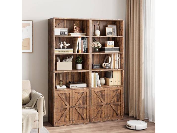 Lot de 2 bibliothèques-style industriel–6 étagères et portes coulissantes– Pour salon chambre et bureau – Marron
