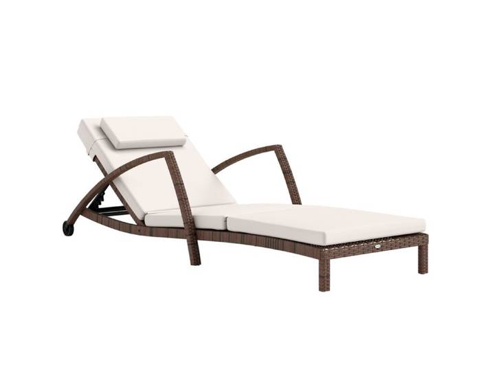 Bain de soleil chaise longue en résine tressée - Outsunny - dossier réglable roulettes coussin et accoudoirs - marron et beige