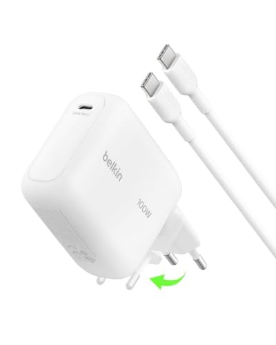 Belkin BoostCharge USB C Oplader 100W met 1,5 m USB C Kabel, Compacte GaN Charger met Inklapbare Stekkerpinnen, Wit