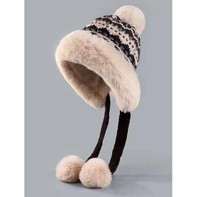 Damenmütze aus Acryl mit Fair-Isle-Muster – weich, kuschelig, mit Bommeln, perfekt für Weihnachten und Wintermode