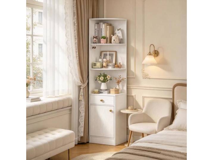 PIPIPOXER Meuble d'angle étagère rangement blanc avec tiroir et armoire bibliothèque coin chambre rangement livres accessoires