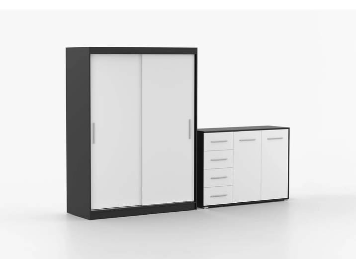 Schwebetürenschrank und Kommode 2-er Set VISTA 04/FRIDA 01 Schwarz Weiß