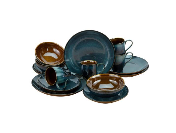 Creatable Kombiservice Mallorca, Braun, Petrol, Keramik, 16-teilig, 300 ml,400 ml, Essen & Trinken, Geschirr, Geschirr-Sets, Kombiservice