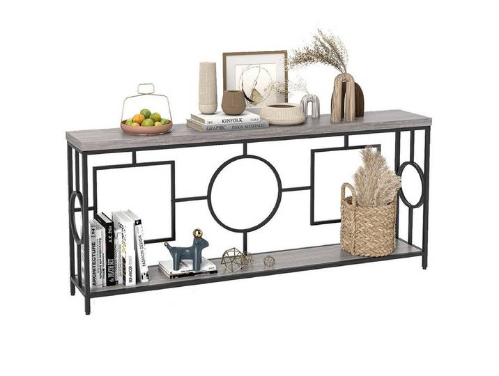 COSTWAY Konsolentisch, schmal, 180cm, Flurtisch mit 2 Ebenen, Metallgestell