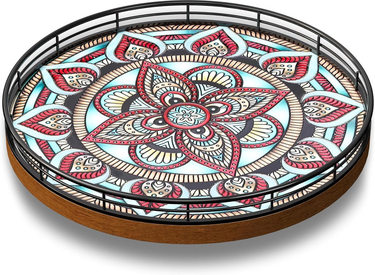 Ronde houten draaitafel organizer met boho textuur voor de eettafel en keuken