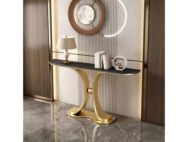 Moderner Konsolentisch, Schmaler Beistelltisch Mit Marmoroptik Für Flur Stabile Metallstruktur, platzsparendes Design, vielseitiger Sofatisch, pflegeleichte Oberfläche(Gold+black,47.2 (120cm))