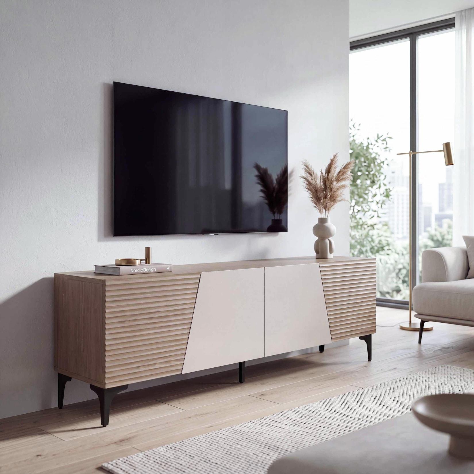 TV-Rack MCW-Q83, Lowboard TV-Schrank Türen 3D-Struktur Staufächer MDF Melamin 55x160x42cm ~ Nussbaum-Optik hell