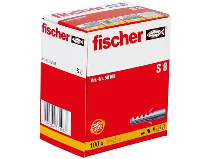 Fischer 50108 plug S, maat S-8, verpakking van 100 stuks, Grijs
