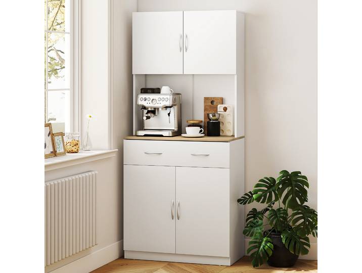 HOMCOM Buffet Haut Cuisine 4 Portes Tiroir Étagères Blanc 80x40x180cm