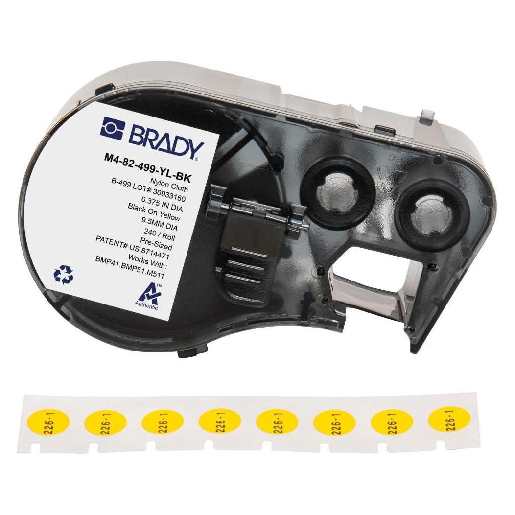 Brady M4-82-499-YL-BK, Nylongewebe, Schwarz auf Gelb, Deckeletikett 9,53 mm rund, permanent (240 E (M4-82-499-YL-BK)