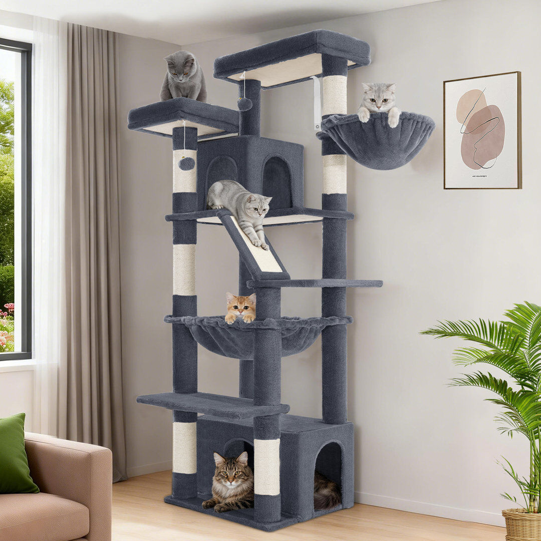 Happy Larry Large Cat Tree, 183 cm Tall Cat Tower for Indoor Cats Large Cats, Corner Climbing Tower with 6 Sisal Scratching Posts, 2 Large Platforms, 2 Caves, Ham Dark Grey 183cm H X 55cm W X 45cm D