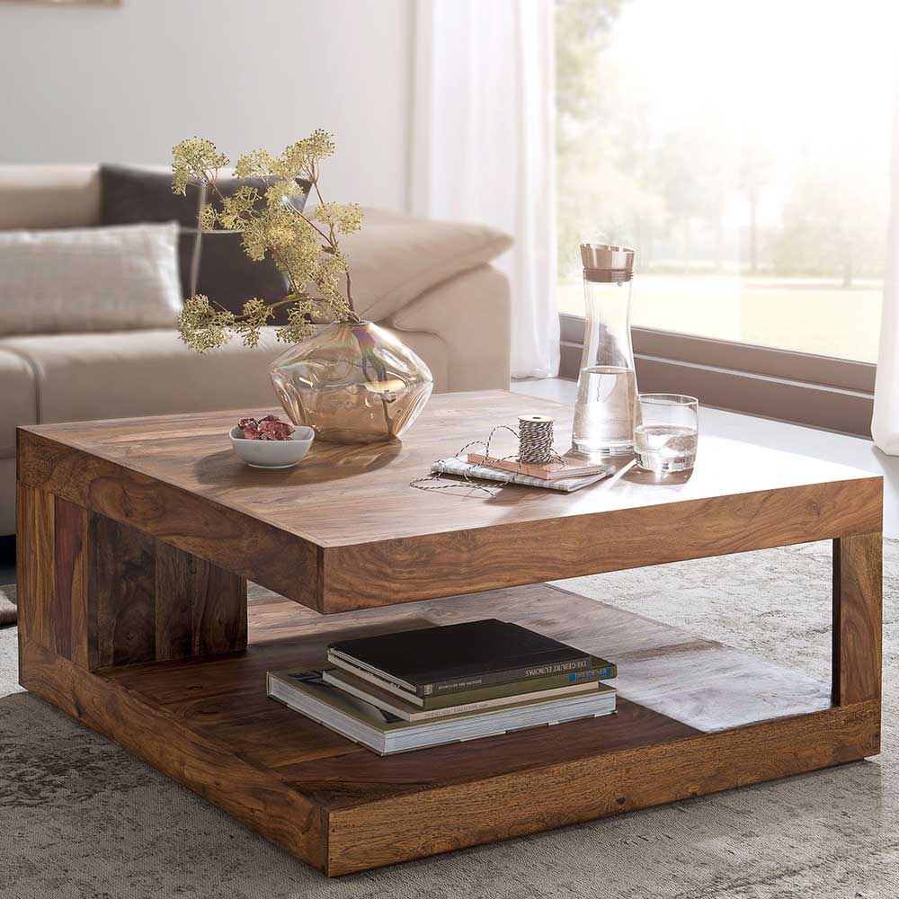 Pharao24.de Couchtisch aus Sheesham Massivholz quadratischer Form