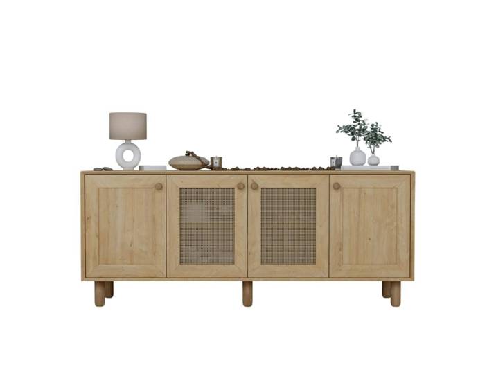 Buffet 4 portes décor bois et cannage l180 cm