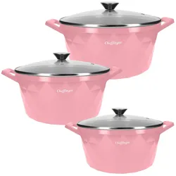 Cheffinger 3 Kochtöpfe 20/24/28cm Diamantmuster, Pfannenset + Topfset, Rosa